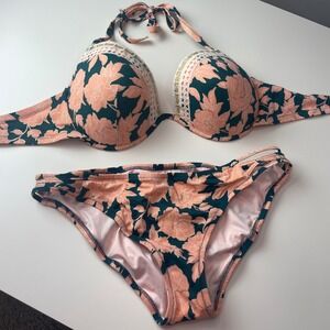 Shade & Shore Teal Peach Floral Bikini Set 38DD Top XL Bottoms Gold Lace Trim